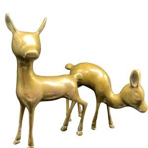 Vintage Pair Small Modernist Mid Century Brass Deer Bambi Doe Fawn 7.50” & 5”